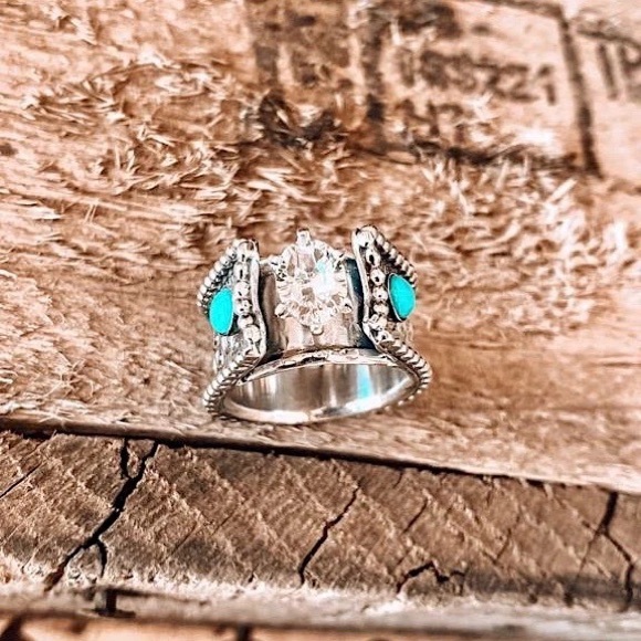 Navajo Kingman Turquoise and Topaz Engagement Cuff Ring - Picture 7 of 8